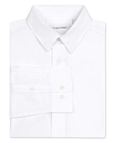 Calvin Klein Boys' Long Sleeve Sateen Dress Shirt, Button-down Style With Buttoned Cuffs & Shirttail Hem, White, 8