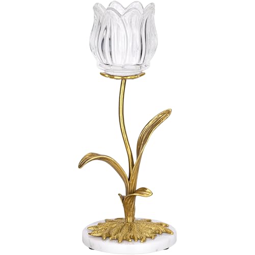 Crystal Rose Glass Brass Candle Holder with Marble Base