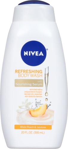 NIVEA Refreshing White Peach and Jasmine Body Wash, Scented Body Wash with Nourishing Serum, Plant-Derived Oils, Essential Skin Lipids and Vitamins, 20 Fl Oz Bottle