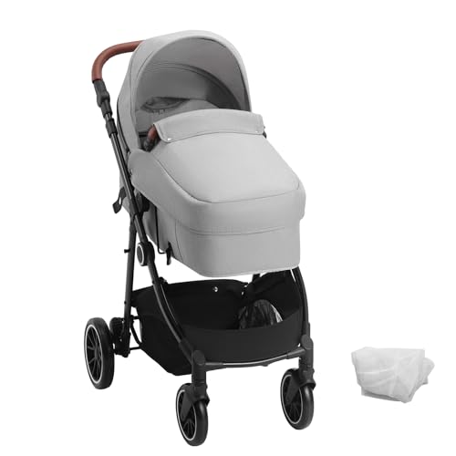 VEVOR Standard Baby Stroller, Infant Toddler Stroller with Bassinet, 3rd-Gear Adjustable Backrest & Foldable & Reversible Seat, Carbon Steel Newborn Stroller with Leg Cover and Mesh Net, Light Grey
