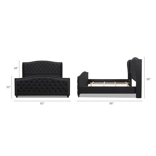 Jennifer Taylor Home Marcella Upholstered Shelter Headboard Bed Set, King, Jet Black Woven