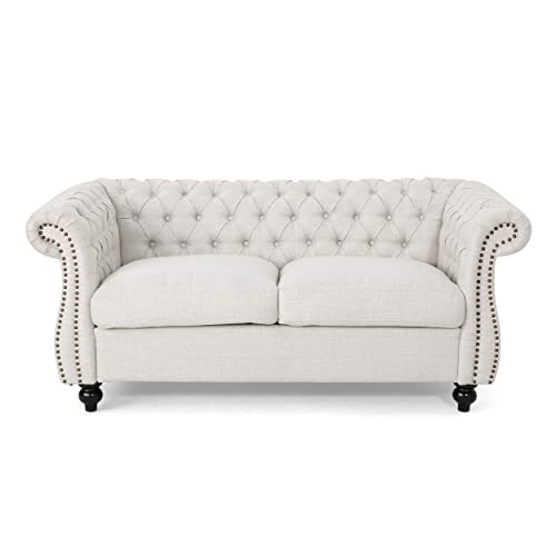 Christopher Knight Home Karen Traditional Chesterfield Loveseat Sofa, Beige and Dark Brown, 61.75 x 33.75 x 27.75