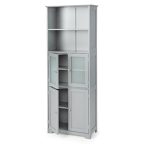 Tall Freestanding Bathroom Storage Cabinet with Glass Doors