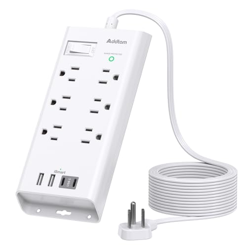 10ft Flat Plug Surge Protector Power Strip with USB