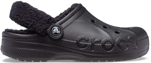 Crocs Unisex-Adult Baya Lined Fuzz Strap Clogs, Black/Black, 11 US