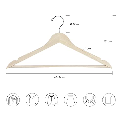 ELONG HOME Wooden Hangers, 30 Pack Slim Wood Coat Hangers with Extra Smooth Finish, Precisely Cut Notches and Chrome Swivel Hook, Wooden Clothes Hangers for Shirt Suit Jacket Dress, Natural