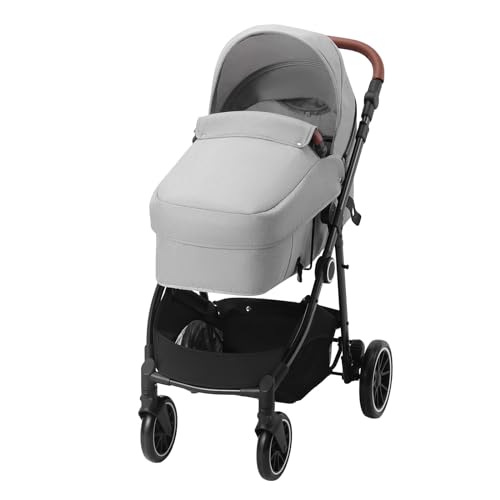 VEVOR Standard Baby Stroller, Infant Toddler Stroller with Bassinet, 3rd-Gear Adjustable Backrest & Foldable & Reversible Seat, Carbon Steel Newborn Stroller with Leg Cover and Mesh Net, Light Grey