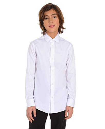 Calvin Klein Boys' Long Sleeve Sateen Dress Shirt, Button-down Style With Buttoned Cuffs & Shirttail Hem, White, 8