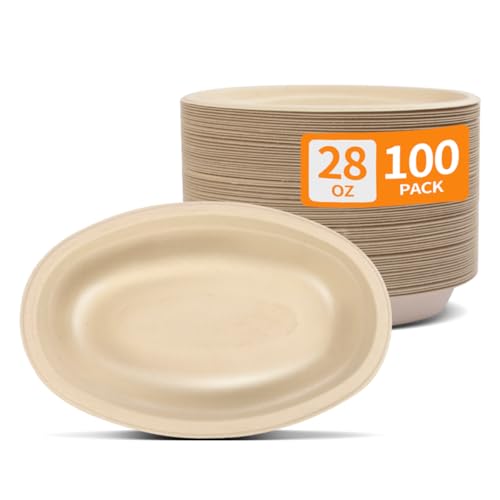 100 Pack Oval Paper Bowls 28 oz Microwavable Disposable