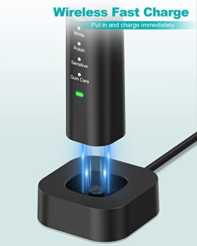HUACO CARE Sonic Electric Toothbrush,5 Modes 3 Intensities with 2 Minutes Timer,One Charge for 90 Days,Wireless Fast Charge with 4 Replacement Brush Heads for Adults and Kids Black