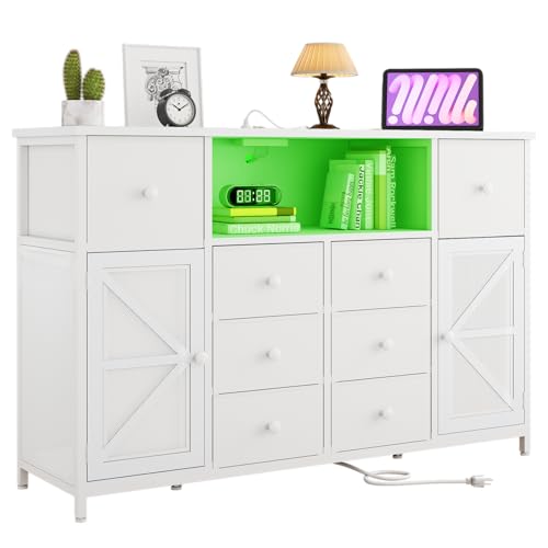 HDDDZSW White Dresser for Bedroom with Charging Station and LED Lights, Chest of Drawers for Bedroom with 8 Fabric Drawers and 2 Doors, Dressers Storage TV Stand for Bedroom, Living Room