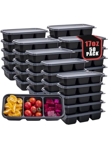 50 Pack Meal Prep Containers 3 Compartment Bento Boxes
