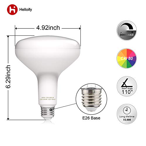 Helloify Dimmable BR40 LED Flood Light Bulb, 12W, 75W Equivalent, 5000K Daylight White Light, Energy Saving Lamp for Office/Home, E26 Screw Base, 6PCS