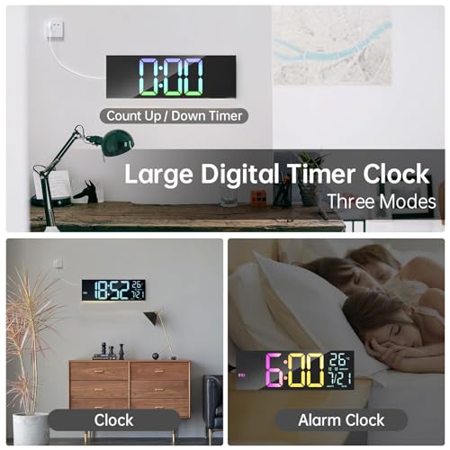 MEISD Digital Wall Clock, 13" Large Display Alarm Clock with Remote Control, RGB Colors, Dual Alarm, Auto-Dimming,Wall Clock with Night Light, Auto DST, Date Week,Temperature for Living Room, Bedroom