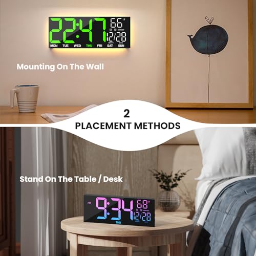 MEISD Digital Wall Clock, 13" Large Display Alarm Clock with Remote Control, RGB Colors, Dual Alarm, Auto-Dimming,Wall Clock with Night Light, Auto DST, Date Week,Temperature for Living Room, Bedroom