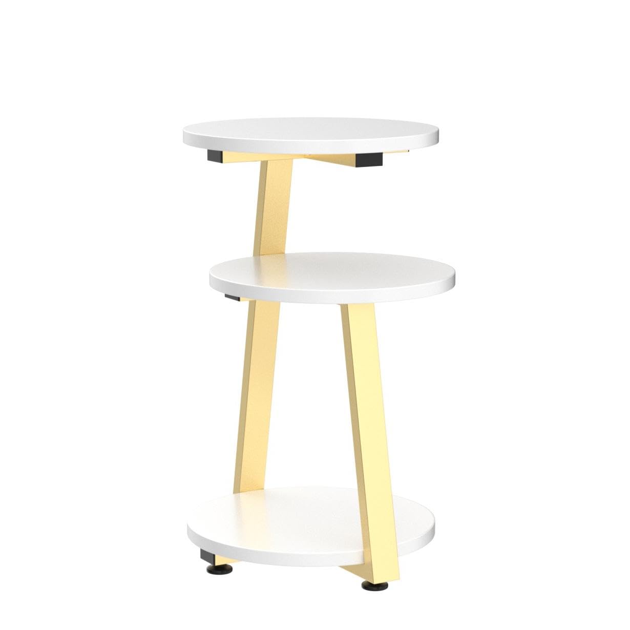 BEWISHOME Round End Table Side Table with Metal Frame, Accent Bedside Table Nightstand with 3-Tier Shelves, Small Table for Living Room Bedroom Couch Table Small Coffee Table White Gold KTZ41M