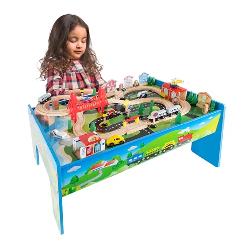 Wooden Train Table Set with Tracks and Accessories