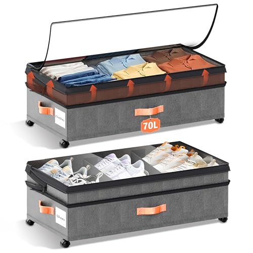 2 Pack Under Bed Rolling Storage Bins 70L