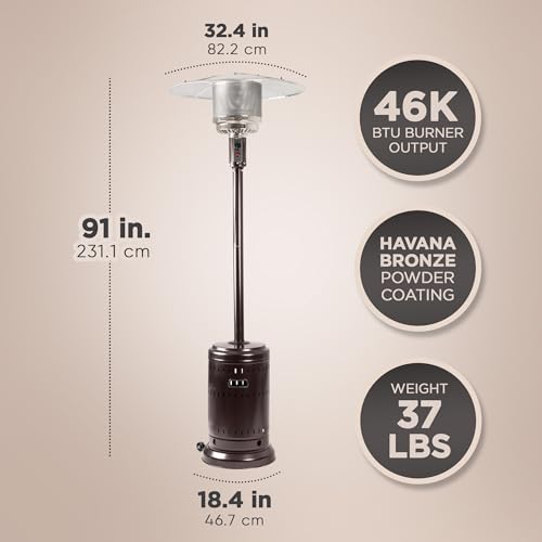 Amazon Basics 46,000 BTU Outdoor Propane Patio Heater with Wheels, Commercial & Residential, Havana Bronze, 32.1 x 32.1 x 91.3 inches (LxWxH)
