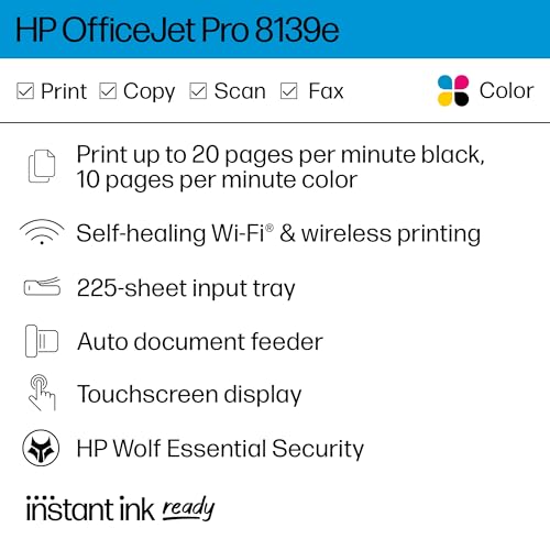 HP OfficeJet Pro 8139e Wireless All-in-One Color Inkjet Printer, Print, scan, Copy, fax, ADF, Duplex Printing Best-for-Home Office, 1 Year of Instant Ink Included (40Q51A)