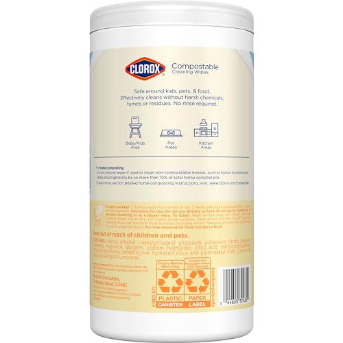 CLOROX Compostable Cleaning Wipes, Lemon Scent, 75 Count