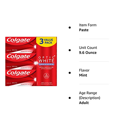 Colgate Optic White Advanced Hydrogen Peroxide Toothpaste, Teeth Whitening Toothpaste Pack, Enamel-Safe Formula, Helps Remove Tea, Coffee, and Wine Stains, Sparkling White, 3 Pack, 3.2 oz