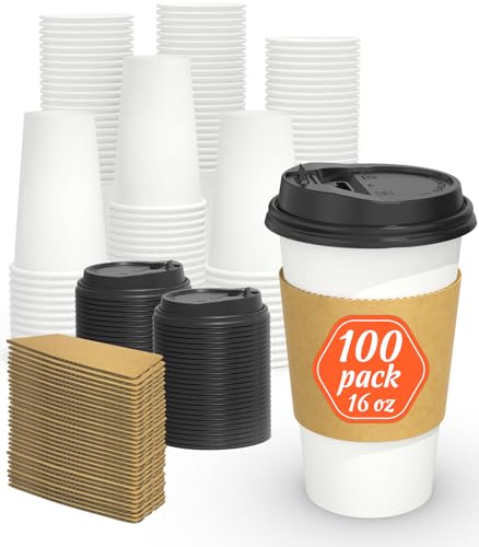 100 Pack 16 oz Disposable Coffee Cups with Lids