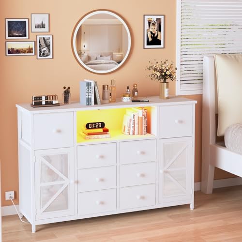 HDDDZSW White Dresser for Bedroom with Charging Station and LED Lights, Chest of Drawers for Bedroom with 8 Fabric Drawers and 2 Doors, Dressers Storage TV Stand for Bedroom, Living Room