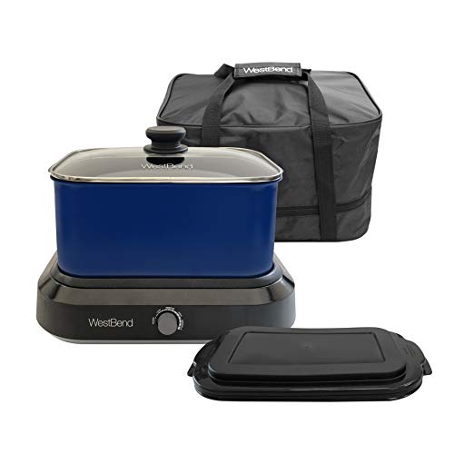 West Bend 87905B Slow Cooker Large Capacity Non-stick Vessel with Variable Temperature Control Includes Travel Lid and Thermal Carrying Case, 5-Quart, 760 watts, Blue
