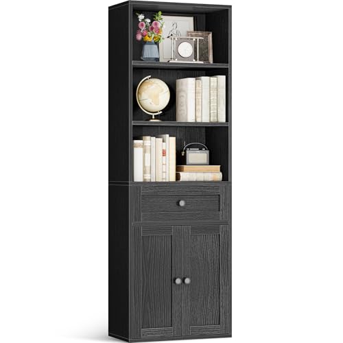 Tall 6-Tier Bookshelf with Doors and Drawer