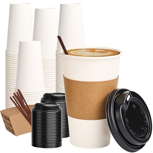 100 Pack 16 oz Disposable Coffee Cups with Lids