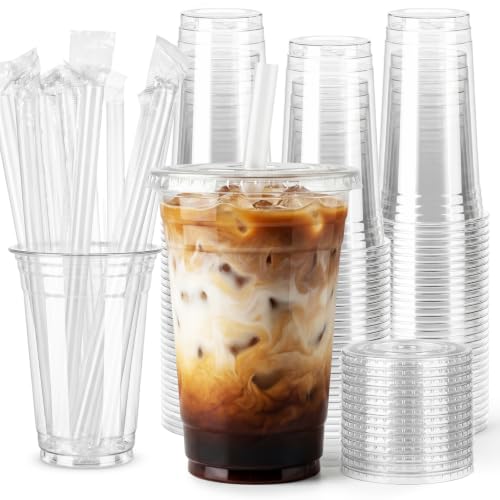 100 Pack 20 oz Plastic Cups with Lids and Straws