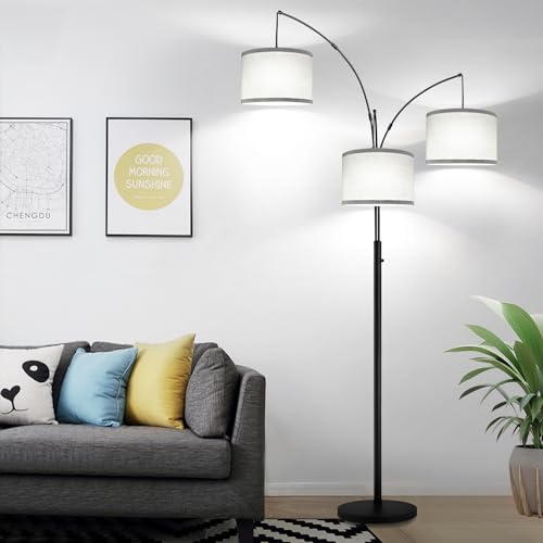 Dimmable Floor Lamp, 3 Lights Arc Floor Lamps for Living Room, Modern Tall Standing Tree Lamp with Gray Linen Shade & Heavy Base, Large Floor Lamp for Bedroom Office, 3x1000 LM LED Bulbs Included