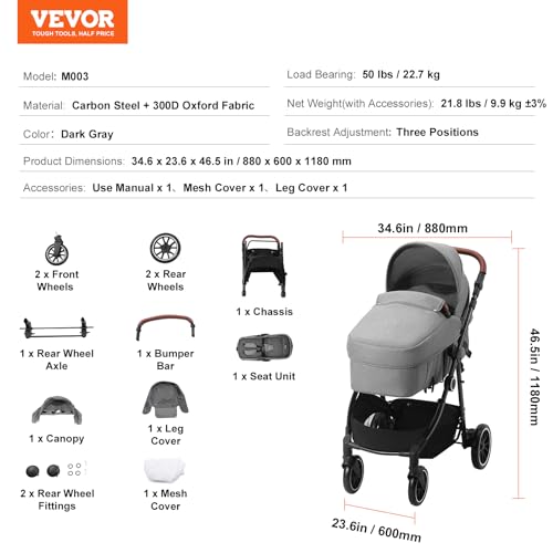 VEVOR Standard Baby Stroller, Infant Toddler Stroller with Bassinet, 3rd-Gear Adjustable Backrest & Foldable & Reversible Seat, Carbon Steel Newborn Stroller with Leg Cover and Mesh Net, Black