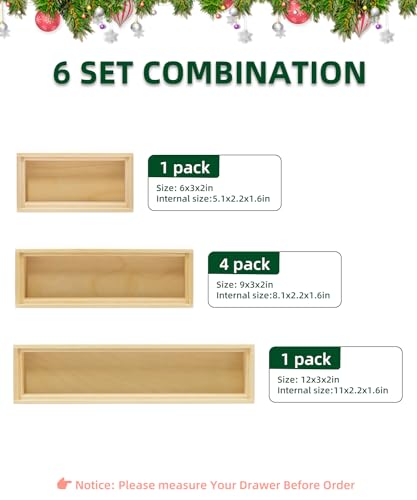 Wood Bamboo Drawer Organizer Set - Stackable Utensil Holders for Kitchen, Silverware Tray for Drawer - Versatile Storage Box Set for Bathroom, Office, and Makeup Organization (Set of 6)