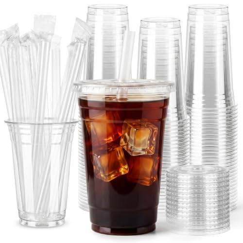 100 Pack 20oz Plastic Cups with Lids and Straws