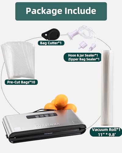 KURSINNA Automatic Vacuum Sealer Machine 90Kpa, Stainless Steel Food Sealer for Food Storage and Sous-Vide, Dry/Moist Mode Air Vacuum Sealing System (VS2350+Bags+Rolls)