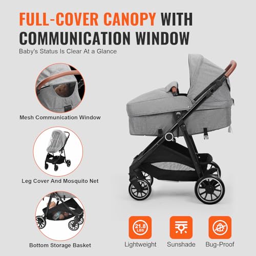 VEVOR Standard Baby Stroller, Infant Toddler Stroller with Bassinet, 3rd-Gear Adjustable Backrest & Foldable & Reversible Seat, Carbon Steel Newborn Stroller with Leg Cover and Mesh Net, Black