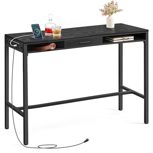 VASAGLE Bar Table with Outlets, Drawer, Hooks, Storage