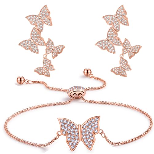 Butterfly Jewelry Set 14K Gold Plated Earrings Bracelet