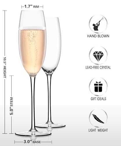 AOOE Champagne Flutes Glass Set of 4 -Hand Blown Champagne Glasses-Lead-Free Premium Crystal - Gift for Wedding, Anniversary, Christmas, Brithday-6.5oz, Clear