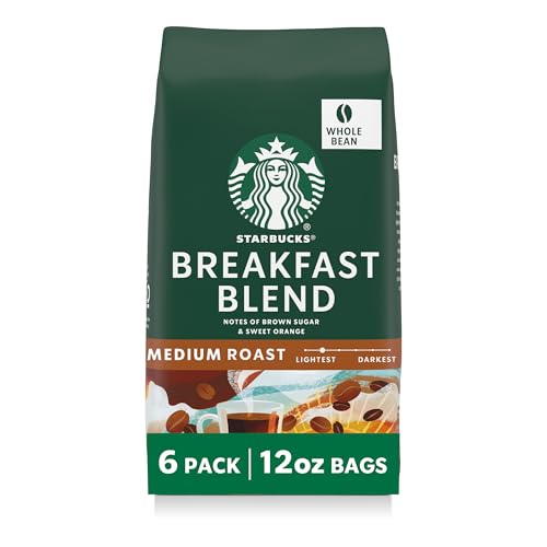 Six 12 oz Starbucks Breakfast Blend Whole Bean Coffee