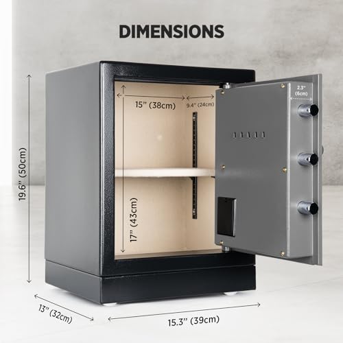 ISLANDSAFE Heavy Fireproof Safe Box, 50lbs Large Steel Money Office safe, Double Lock Removable Shelf Money Safes with Alarm, Inner Light for Home and Office (2.3 Cuft Gray)