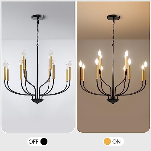 Gris Modern Chandelier, 12-Light Black and Gold Chandeliers Light Fixture, Classic Candle Chandelier for Bedroom, Foyer, Hall, Kitchen, Living Room and Entryway