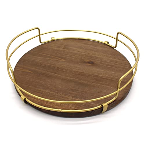 Round Wood Serving Tray with Metal Handles