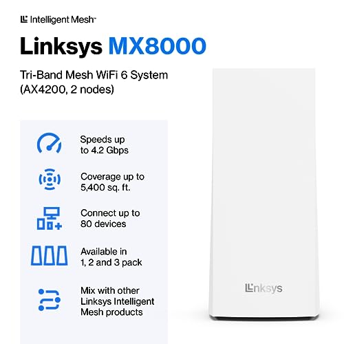 Linksys MX8000 Mesh WiFi Router - AX4000 WiFi 6 Router - Velop Tri-Band WiFi Mesh Router - WiFi 6 Mesh Computer Routers For Wireless Internet - Internet Router - Connect 80+ Devices, 5,400 Sq Ft, 2-Pk