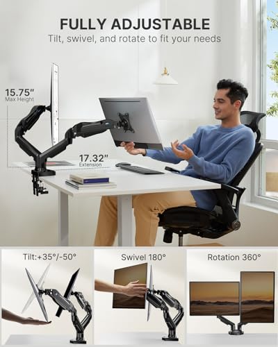 HUANUO Dual Monitor Stand - Adjustable Spring Monitor Desk Mount Swivel Vesa Bracket with C Clamp, Grommet Mounting Base for 13 to 30 Inch Computer Screens - Each Arm Holds 4.4 to 19.8lbs