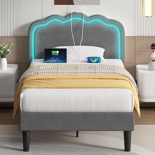 VECELO Twin Bed Frame with LED Headboard and USB Ports