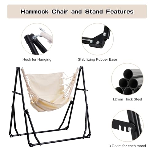 OVASTLKUY 3 in 1 Hammock with Stand, Outdoor Hammock Swing Chair with Portable Heavy Duty Stand, 3 Modes Hammock Stand 480 lbs Weight Capacity (Beige)