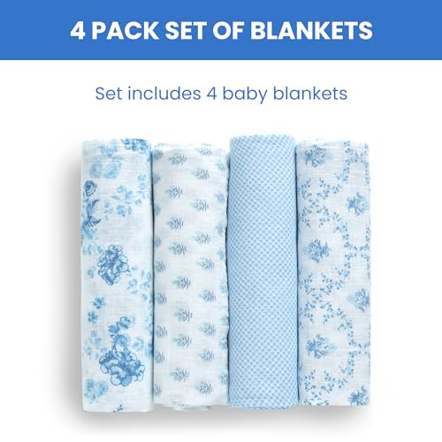 Delta Children 100% Cotton Muslin Baby Receiving Blankets for Girls and Boys – 47x47 Inches (Pack of 4), Blue Botanicals